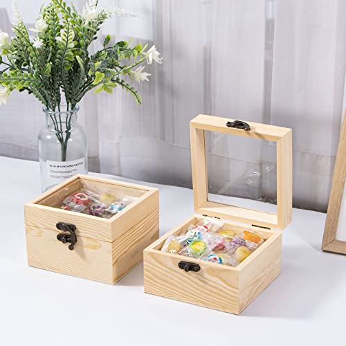 Useekoo 2Pcs Small Wooden Box with Hinged Lid, 4.7'' x 4.7'' x 3.1'' Unfinished Wood Box with Glass Lid, Small Wooden Jewelry Box for Gift, Home