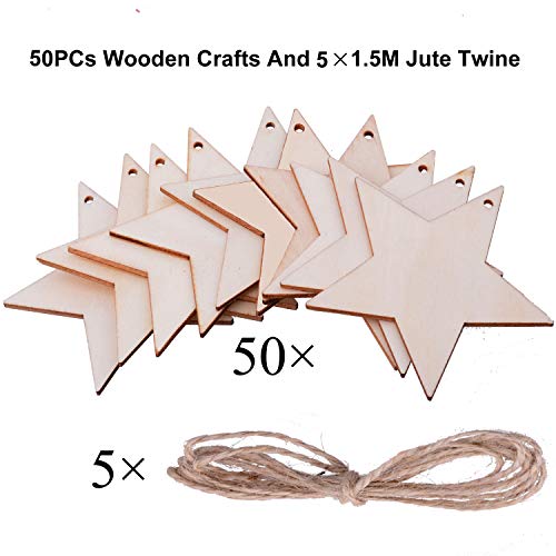 Pack of 50 Wooden Crafts to Paint 3 inch Christmas Tree Hanging Ornaments  Unfinished Wood Cutouts Christmas Decoration DIY Crafts (Wooden Star