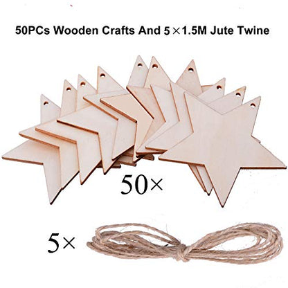 Pack of 50 Wooden Crafts to Paint 3 inch Christmas Tree Hanging Ornaments Unfinished Wood Cutouts Christmas Decoration DIY Crafts (Wooden Star