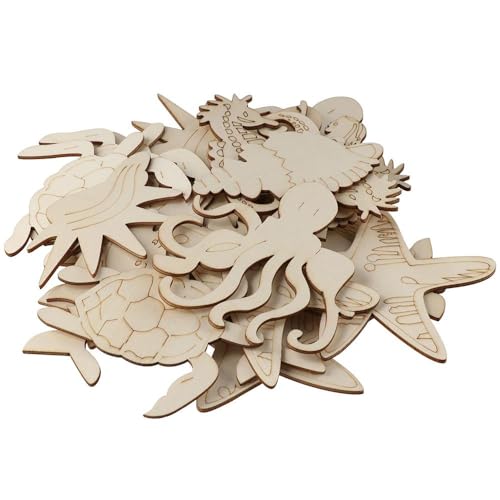 Uniquer 30Pcs Ocean Animal Unfinished Wood DIY Crafts,Sea Animal Unpainted Wood Slices,Octopus Whale Dolphin Seahorse Fish Wooden Painting for Uniquer