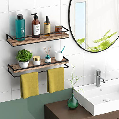 Meangood Floating Shelves Wall Mounted Set of 2, Rustic Wood Wall Storage Shelves for Bedroom,Living Room,Bathroom, Kitchen Torched Wood Meangood