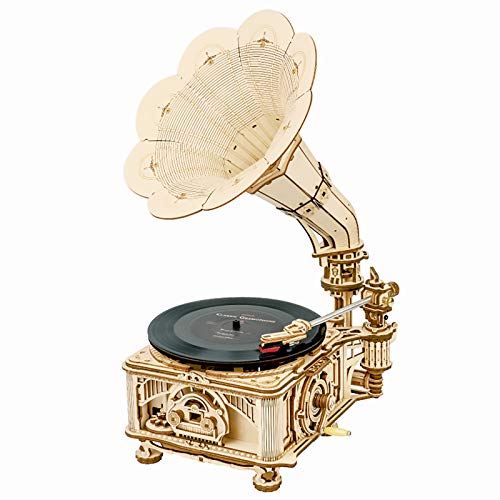 ROKR 3D Wooden Puzzles Gramophone for Adults - DIY Mechanical Model Kit 1:1 Replica Record Player Support 7"/10" Vinyl Premium Gift Hobbies for ROKR