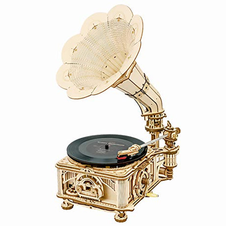 ROKR 3D Wooden Puzzles Gramophone for Adults - DIY Mechanical Model Kit 1:1 Replica Record Player Support 7"/10" Vinyl Premium Gift Hobbies for ROKR