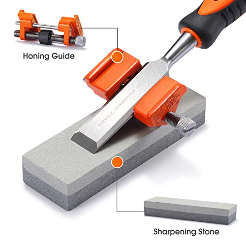 REXBETI 10pcs Premium Wood Chisel Set, 6pcs Wood Chisel with 1 Honing Guide, 1 Sharpening Stone and 2 Carpenter Pencils, Heat-Treated Cr-V Alloy REXBETI