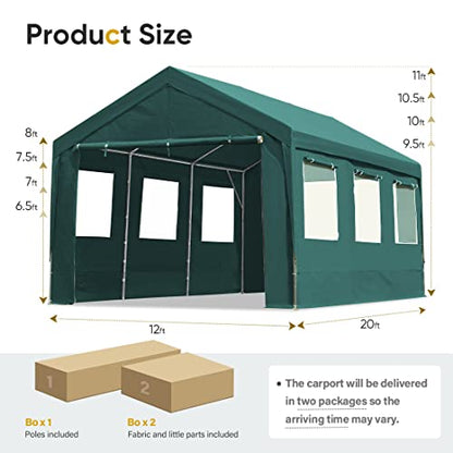 ADVANCE OUTDOOR 12x20 ft Heavy Duty Carport with 6 Roll-up Ventilated Windows & Removable Sidewalls Car Canopy Garage Boat Shelter Party Tent,