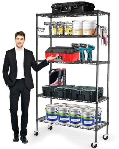 YNN Storage Shelves, 5 Tier Heavy Duty Adjustable Shelves with Wheels 350 Pounds Loading Capacity per Shelf Storage Metal Shelf 36" W x 14" D x 72" H YNN