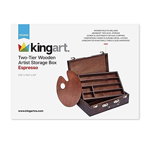 KINGART 720 Wood Art Storage Box With Espresso Stain, 2-Tier Wood Case with 10 Dividers, Holds Markers, Paint, Brushes, Pencils, And More KINGART