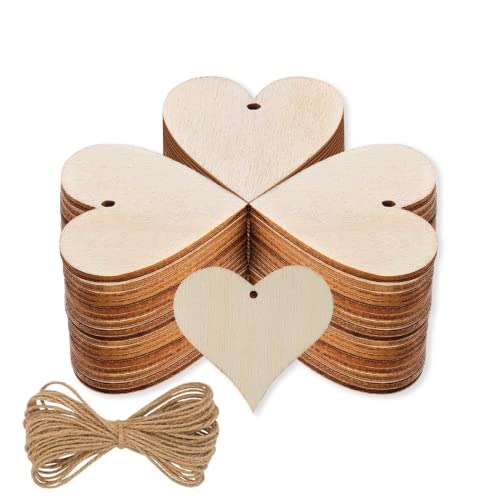 Hion Wooden Hearts for Crafts, 100 Pcs 1.57 inch Rustic Unfinished Wood Craft Kit with Predrilled Holes with 3M Hemp Rope - Perfect for DIY Art - WoodArtSupply