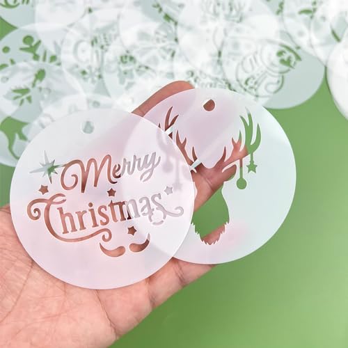 36 Pcs Small Round Christmas Stencils for Wood Slice, 3x3 Inch Winter Christmas Stencils Including Santa Snowman Deer Snowflake for Christmas Tree Ornaments Coasters Gift Tags Card Making