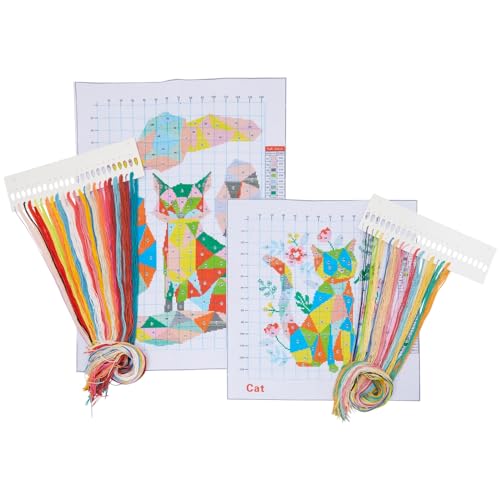 Pack of 2, Fox and Cat Stamped Counted Cross Stitch, Embroidery Beginner Kit with 11 CT Cloth, Needles, Thread Bright Creations
