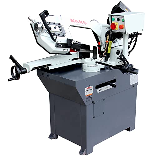 KAKA INDUSTRIAL BS-108G horizontal bandsaw, 10”x7.9" round metal stock at 90°. Swivel head miters up to 60°.Metal Cutting Band Saw Motor power 1.1kw KAKA INDUSTRIAL