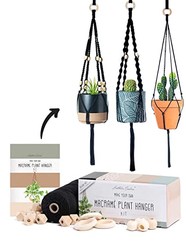 Macrame Kit-Black Edition-Makes 3 Macrame Plant Hangers with Easy to Follow Instructions for Adult Beginners - Includes 109 Yards 3mm Cotton Macrame - WoodArtSupply