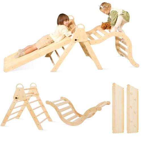 KIDHABE 7 in 1 Foldable Pikler Triangle Set with Ramp & Arch Rocker, Toddler Montessori Climbing Set for Indoor & Outdoor Playground, Wooden Climbing