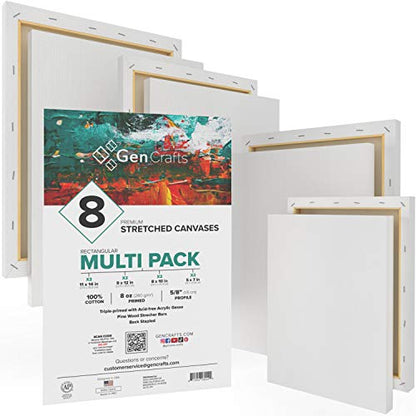 GenCrafts Stretched White Canvas Multi Pack - 5x7, 8x10, 9x12, 11x14 (2 of Each) Set of 8 - Triple Primed - 100% Cotton - for Acrylic, Oil, Other Wet - WoodArtSupply