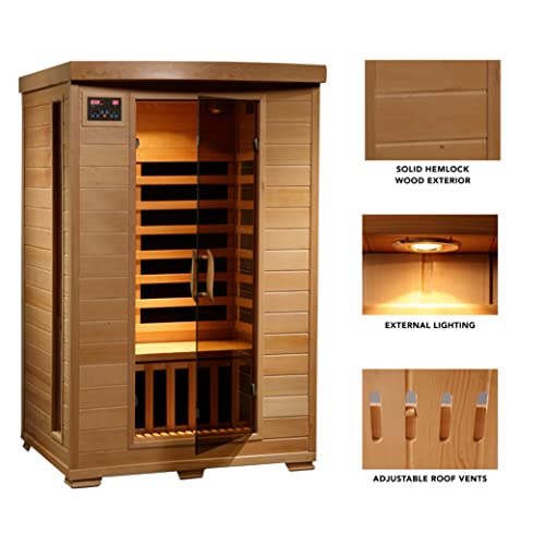 HEATWAVE Radiant Saunas 2-Person Hemlock Infrared Sauna with 6 Carbon Heaters, Chromotherapy Lighting, Oxygen Ionizer Blue Wave
