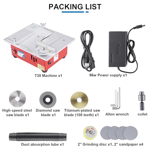 Mini Table Saw Small Precision Hobby Table Saw, 1/2" Adjustable Cut Depth, w/Chuck, Sanding Disc, 96W Adjustable Speed Power Supply, for MXBAOHENG