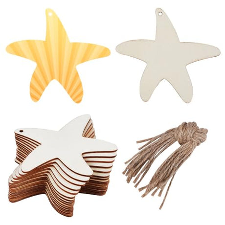GORGECRAFT 20PCS Starfish Wooden Christmas Tags Sea Animals Wood Cut Out Pendants Unfinished Wood Hanging Slices Ornaments Sets with Hole Ropes for GORGECRAFT