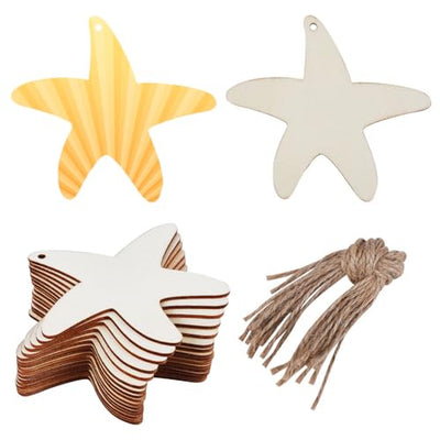 GORGECRAFT 20PCS Starfish Wooden Christmas Tags Sea Animals Wood Cut Out Pendants Unfinished Wood Hanging Slices Ornaments Sets with Hole Ropes for