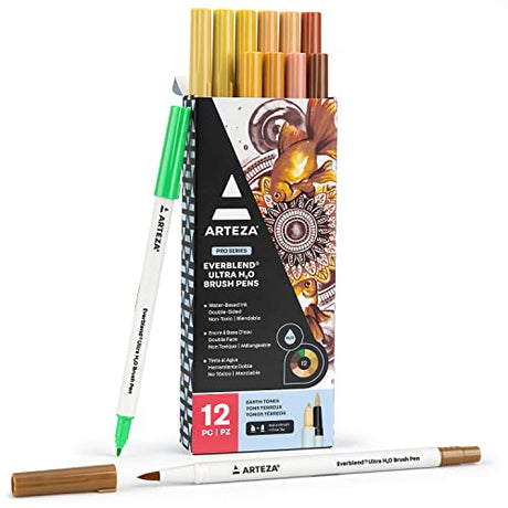 ARTEZA Dual Tip Brush Pens, 12 Earth Tones, Watercolor Calligraphy Markers, Nylon Brush and Fine Tip, Water-Based Ink, for Illustration, Lettering ARTEZA