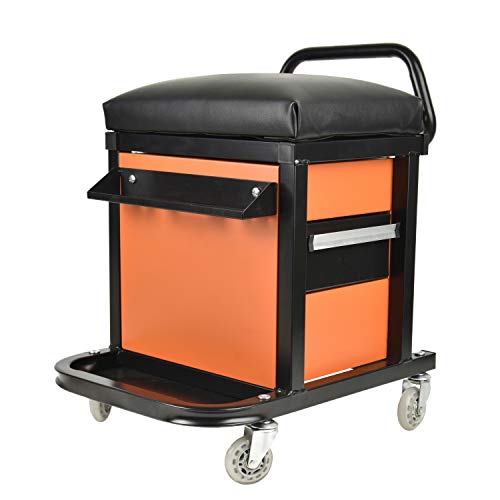 E041 Padded Creeper Seat with Onboard Storage, Rolling Tool Box Chair with Storage Rack and Drawers, Mechanics Roller Seat with Storage Drawers and - WoodArtSupply