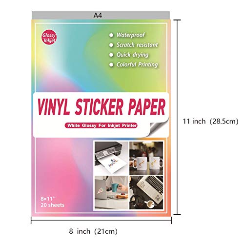 20 Glossy Sticker Paper Cricut for Inkjet Printer- Waterproof Paper Printable Vinyl White Decal Sheets A4 - Holds Ink Beautifully & Dries Quickly GPFMLDFV