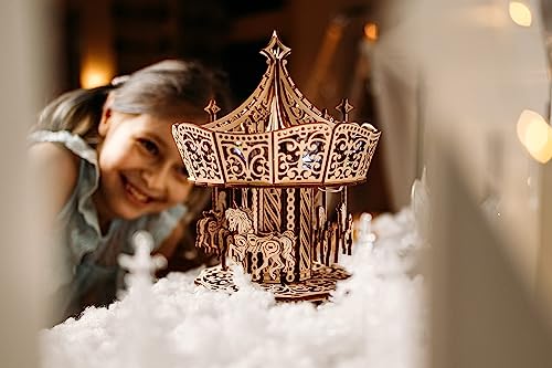 Wood Trick Parisian Carousel Wooden Music Box Kit - DIY 3D Puzzle for All Ages with Backlight Wood Trick