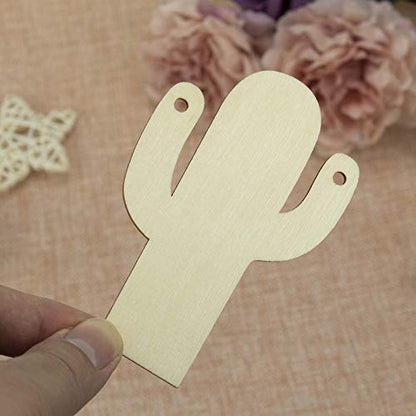 Creaides 20pcs Cactus Wood DIY Crafts Cutouts Wooden Cactus Shaped Hanging Ornaments Whit Twines Gift Tags for Summer Hawaii Wedding Birthday Party