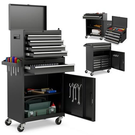 Goplus Tool Chest, 5-Drawer Rolling Tool Storage Cabinet with Detachable Top Tool Box, Liner, Universal Lockable Wheels, Adjustable Shelf, Locking Goplus
