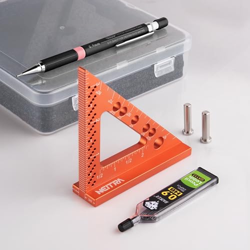 Neitra Small Square Ruler with Fixed Angle Pin, Accurate Compact Aluminum Alloy Mini Squares with Laser Etched Markings, Includes a Mechanical Pencil Neitra