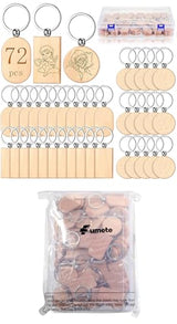 24 Pcs Wooden Keychain Blanks Wood Engraving Blanks Key Chain Unfinished Rectangle Oval Round Wood Key Tag with Plastic Storage Container for DIY Fumete