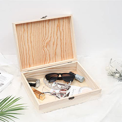 VIKOS Products Unfinished Wooden Box with Hinged Lid for Crafts DIY Storage Jewelry Pine Box - 12" x 9" x 3.35" - WoodArtSupply