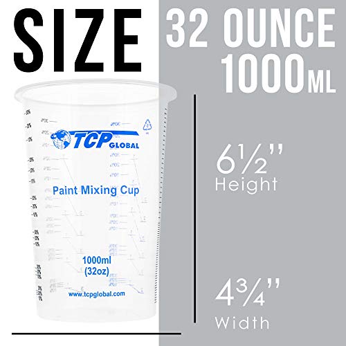 TCP Global 32 Ounce (1000ml) Disposable Flexible Clear Graduated Plastic Mixing Cups - Box of 25 Cups - Use for Paint, Resin, Epoxy, Art, Kitchen, TCP Global