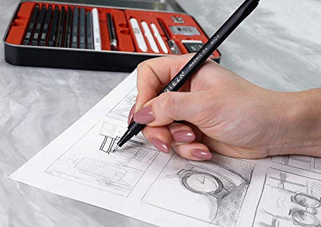 Arteza Drawing Set for Adults, Set of 33 Artist Sketching Tools, 20 Graphite & 4 Charcoal Sketch Pencils, 1 Fineliner, 3 Blenders, 1 Sharpener, 3 ARTEZA