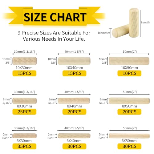 Wooden Dowel Pins, 200PCS Mutdisket Wood Beveled Ends Tapered Pins Wood Pegs, Groove Wooden Dowel Pins - 9 Sizes 6mm 8mm 10mm Straight Grooved Pins IEAWISL