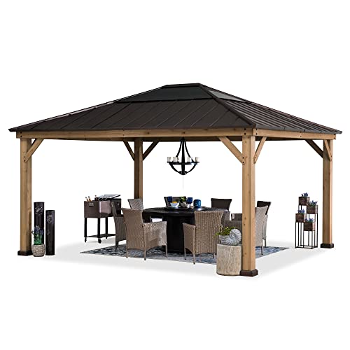 Sunjoy Hardtop Gazebo 13 x 15 ft. Standard Cedar Framed Wood Gazebo with Brown Steel and Polycarbonate Hip Roof Hardtop for Garden, Backyard Shade, Sunjoy