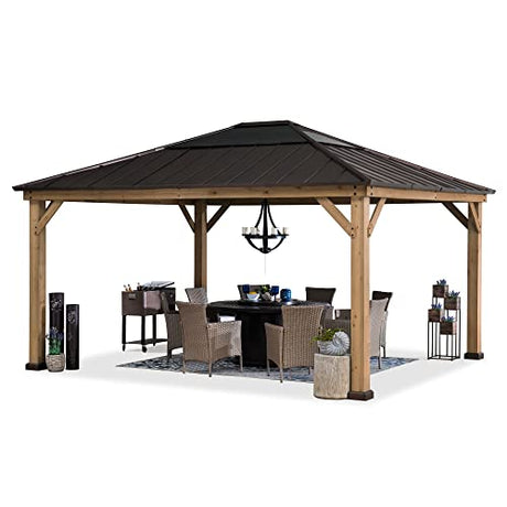 Sunjoy Hardtop Gazebo 13 x 15 ft. Standard Cedar Framed Wood Gazebo with Brown Steel and Polycarbonate Hip Roof Hardtop for Garden, Backyard Shade, Sunjoy