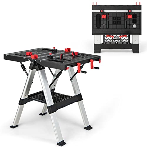 Goplus Portable Workbench, Folding Work Table & Sawhorse with Adjustable Height, 440LBS/1000LBS Capacity, Clamps, 2 x 4 Support Arms, Tool Tray, Goplus