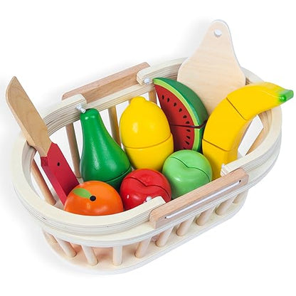 Wooden Cutting Fruits Vegetables Set for Kids, Pretend Play Food Toy Set with Wooden Knife, Tray and Basket for Boys Girls (Fruit Basket)
