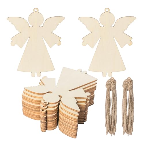 Angel Shape Wooden Christmas Blank Wood with Twines Art Unfinished Ornaments for Christmas Wedding Birthday Party Christmas Thanksgiving Day Zontween