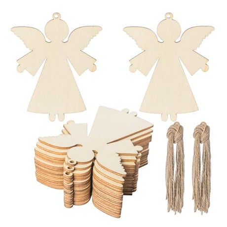 Angel Shape Wooden Christmas Blank Wood with Twines Art Unfinished Ornaments for Christmas Wedding Birthday Party Christmas Thanksgiving Day Zontween