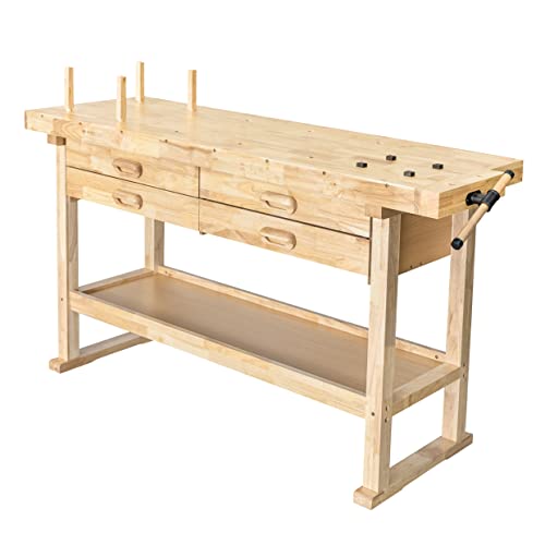 Olympia Tools 60-Inch Wooden Workbench - Rubberwood Workbench with 4-Drawer, 450lbs Weight Capacity - Perfect Workbench for Garage, Workshop and - WoodArtSupply