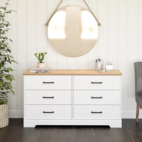 Prepac Rustic Ridge 6 Drawer Dresser, 18.25" D x 53.25" W x 28.5" H, White & Oak Prepac