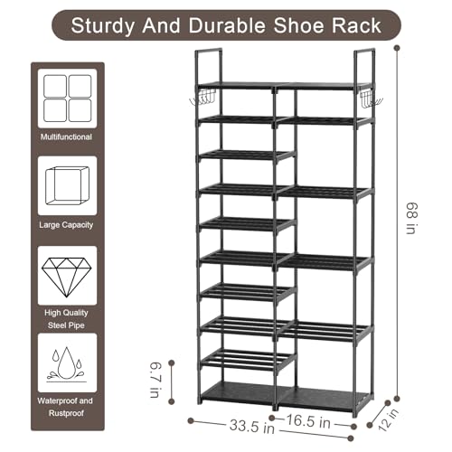 Kottwca 2 Row 10 Tier Tall Shoe Rack Organizer for Closet Entryway, 40-45 Pair Shoe Boot Storage Rack, Metal Shoe Shelf Small Vertical Stackable Shoe Kottwca