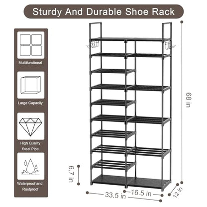 Kottwca 2 Row 10 Tier Tall Shoe Rack Organizer for Closet Entryway, 40-45 Pair Shoe Boot Storage Rack, Metal Shoe Shelf Small Vertical Stackable Shoe