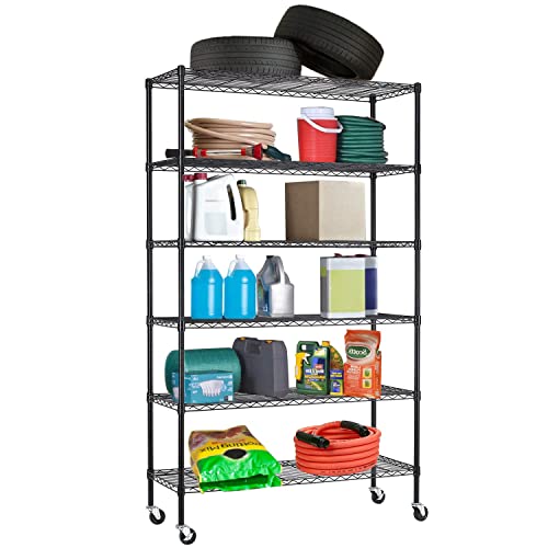 6 Tier Adjustable Metal Shelf Wire Shelving Unit Storage with Wheels 2100LBS Capacity 18" D x 48" W x 82" H for Restaurant Garage Pantry Kitchen