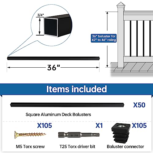 Muzata 50 Pack 36"x3/4" Aluminum Deck Balusters Square Black Deck Railing Stair Porch Staircase Spindles for Wood and Composite Deck, WT13 Muzata