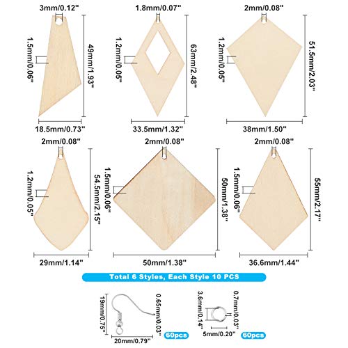 PH PandaHall Unfinished Wooden Earrings Blank, 60pcs 6 Styles Rhombus Natural Wood Drop Dangles with 60pcs Earring Hooks 60pcs Jump Rings for Jewelry PH PandaHall