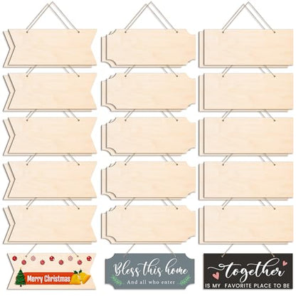 30 PCS Unfinished Wood Crafts Blanks Rectangle Hanging Wood Sign Plaque Wooden Slices Banners with Ropes for Pyrography Painting Writing DIY Home