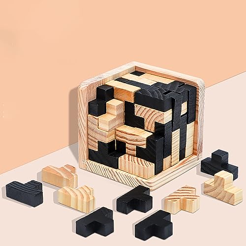 Wooden Brain Teaser Puzzle Cube Wooden Puzzles T-Shaped Jigsaw Logic Puzzle Educational Toy for Kids and Adults by AHYUAN (Black and Natural) Ahyuan