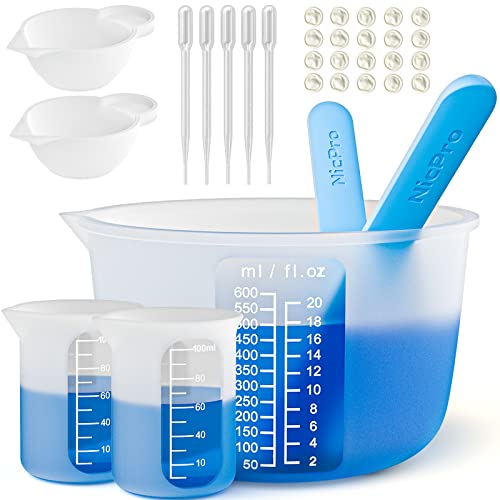 Large Silicone Resin Measuring Cups Tool Kit - Nicpro Reusable 600ml & 100ml Measure Cup, Silicone Stir Sticks Pipettes Finger Cots for Epoxy Resin - WoodArtSupply